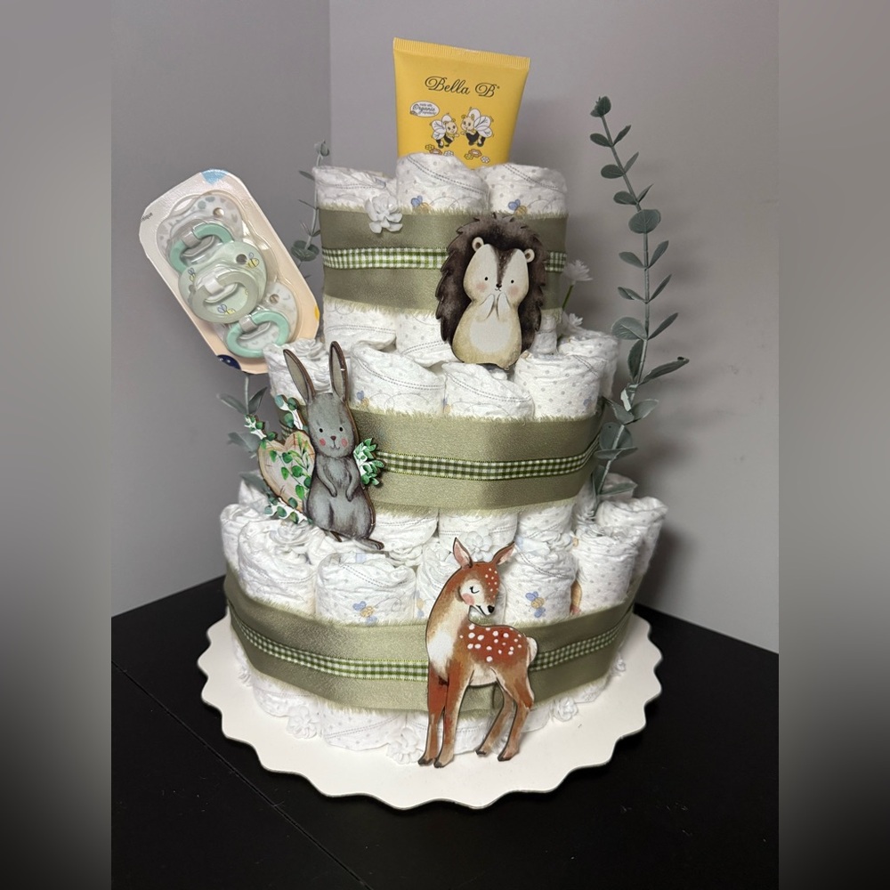 Handmade Diaper Cake - Woodland Animal Green Theme